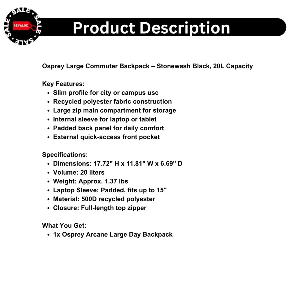 Osprey Large Commuter Backpack – Stonewash Black, 20L Capacity